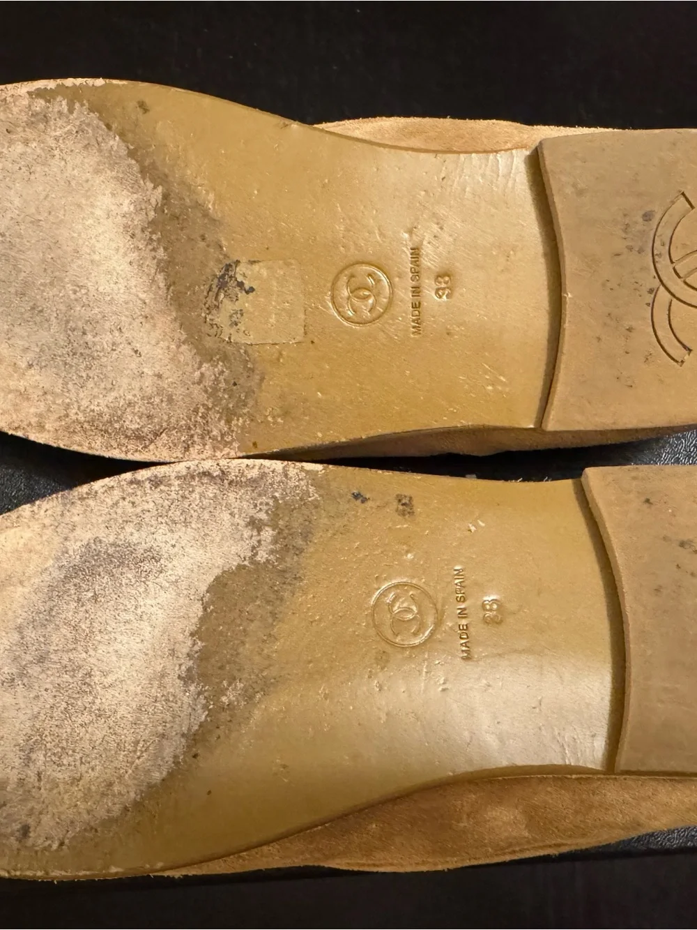 CHANEL Tan Suede Shearling-Lined Slip-On Loafers with CC Hardware